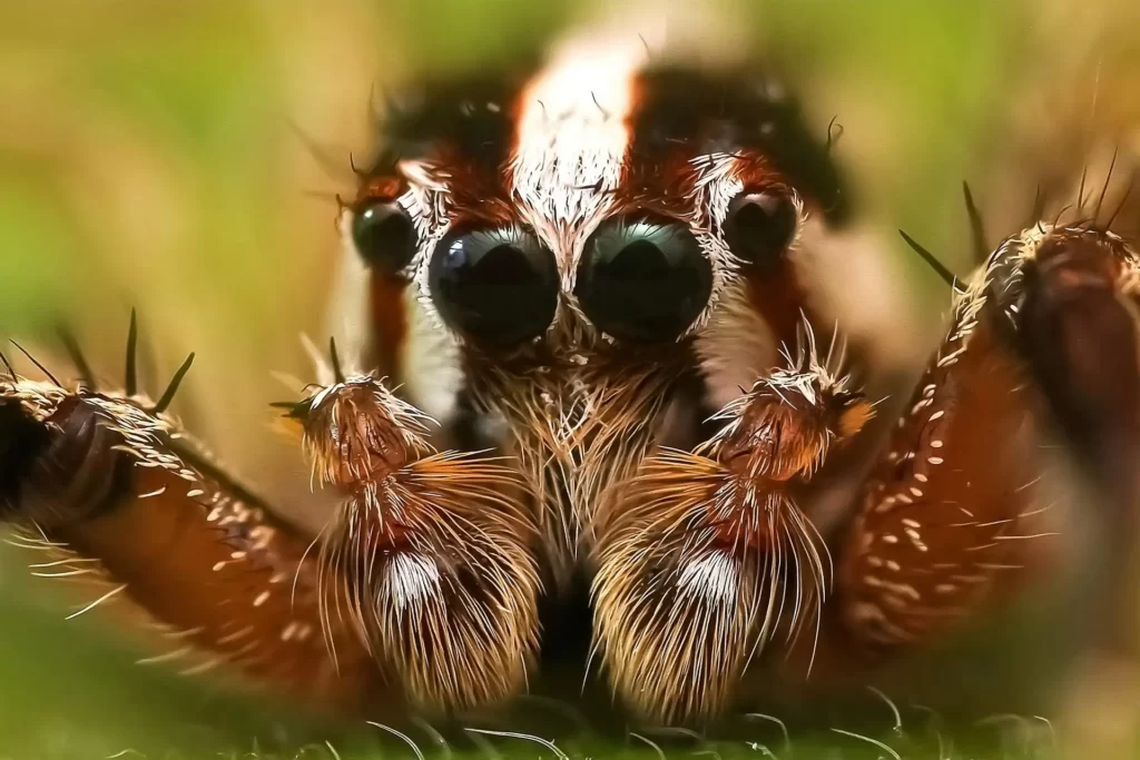 Detalle de los ojos frontales medios y ojos frontales laterales de una araña saltarina.
